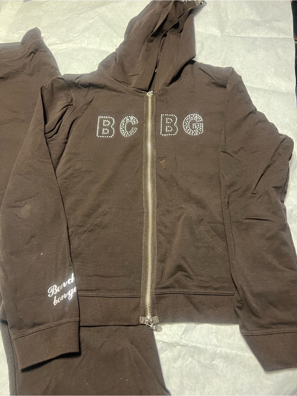 BCBG Brown Rhinestone Logo Hoodie Jacket